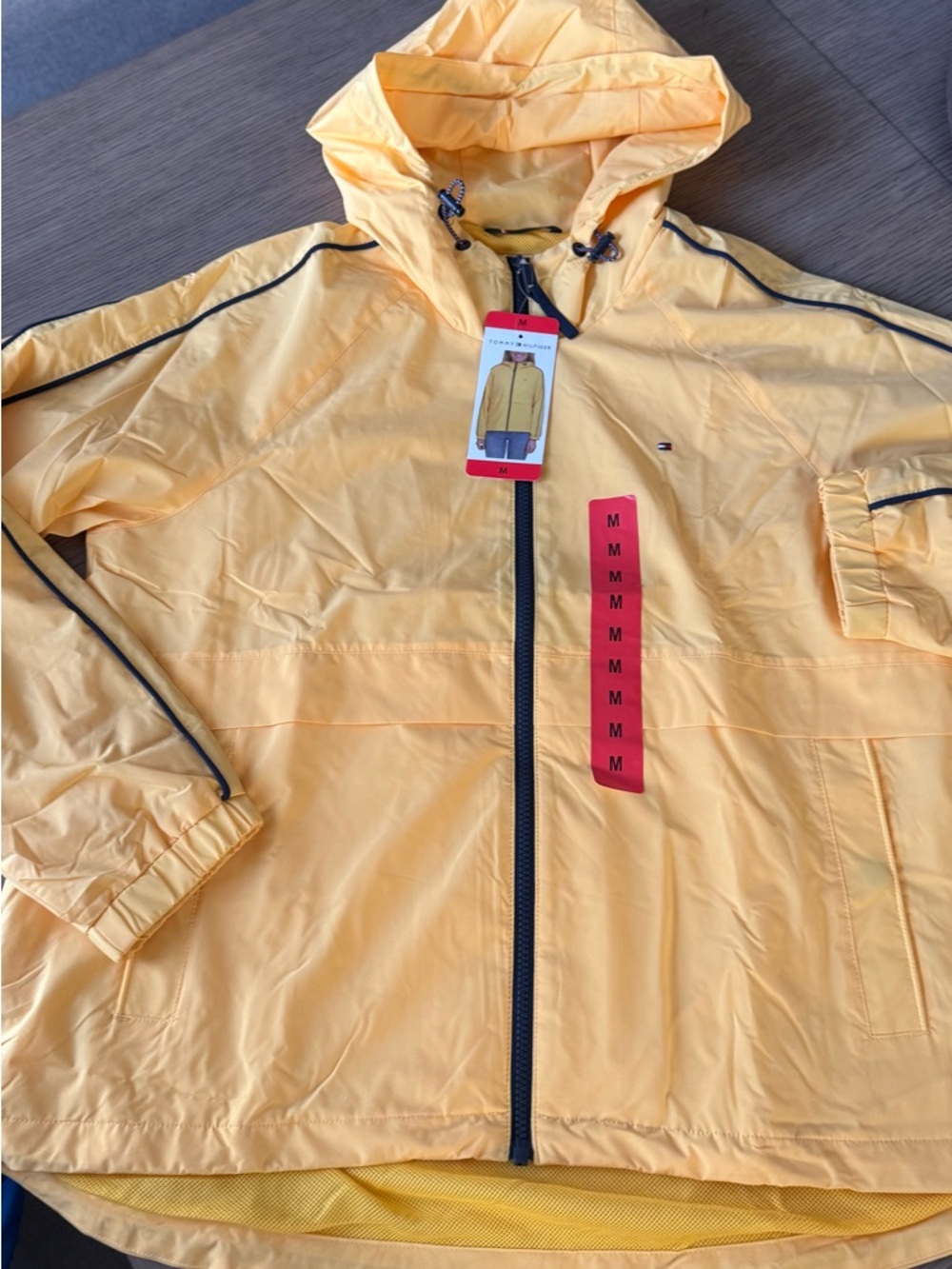Tommy Hilfiger Women’s Yellow Hooded Raincoat with Black Trim